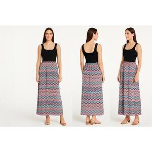 Lily‎ Rose Multicolor Chevron Pattern Sleeveless Smocked Bodice Maxi Dress Small